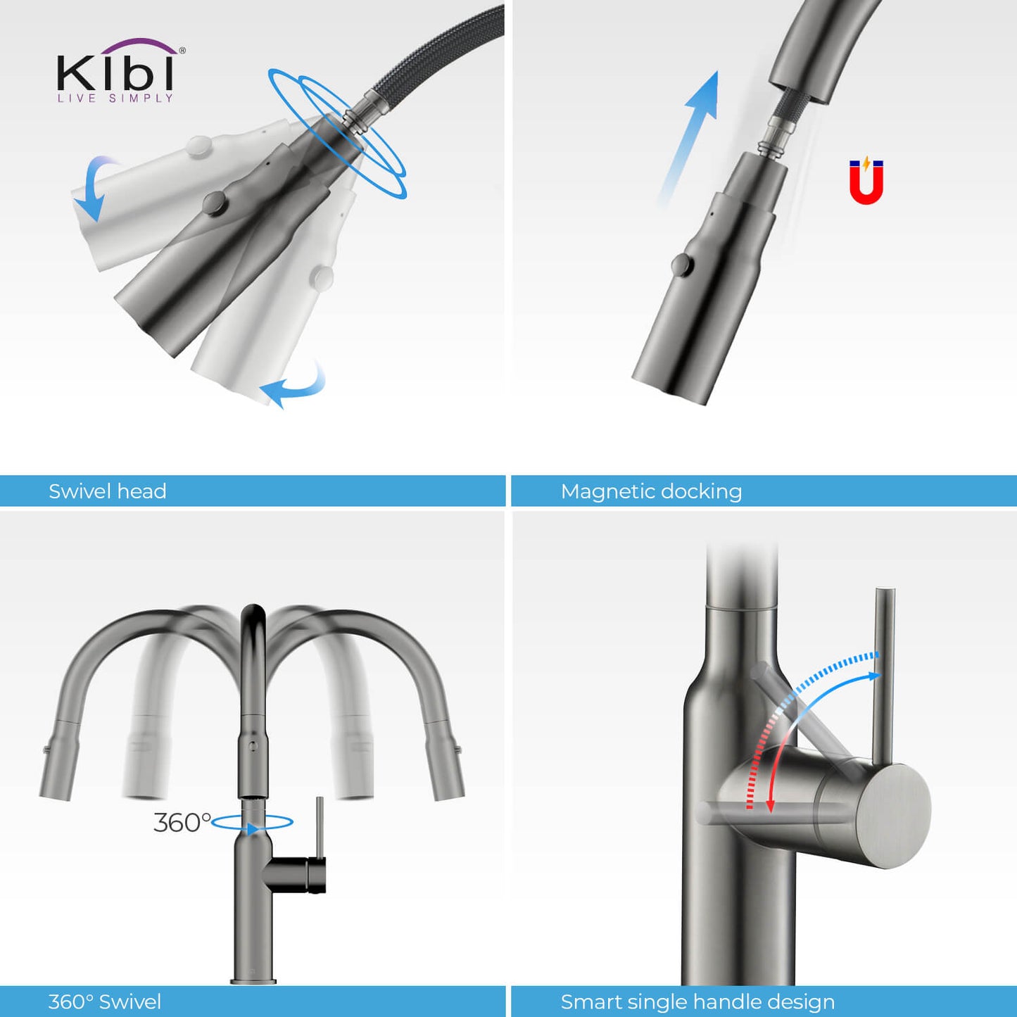 Kibi Hilo Single Handle High Arc Pull Down Kitchen Faucet in Titanium Finish - KKF2008TT
