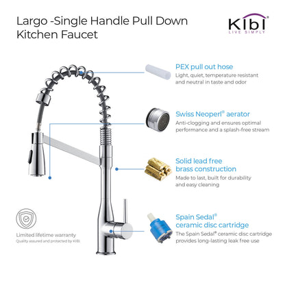 Kibi Largo Single Handle Pull Down Kitchen Faucet in Chrome Finish - KKF2006CH