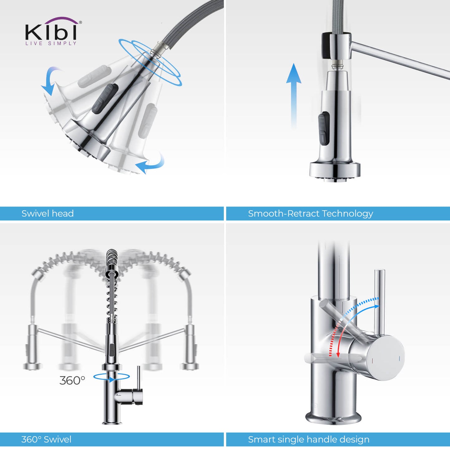 Kibi Lodi Single Handle High Arc Pull Down Kitchen Faucet In Chrome Finish - KKF2004CH