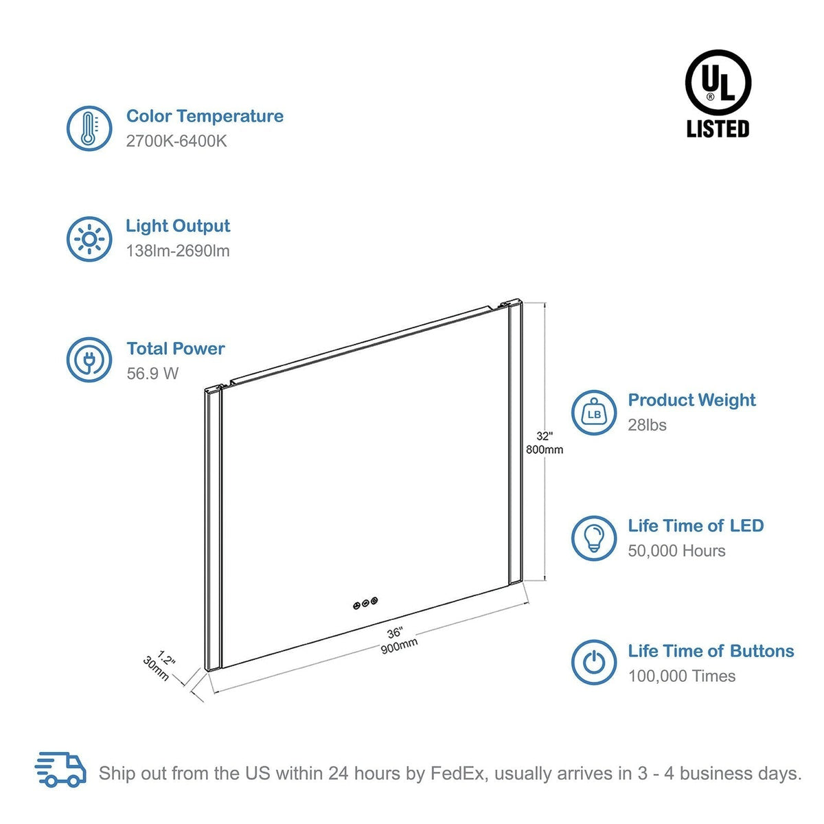 Blossom Binary 36″ LED Mirror - LED M5 3632 CH - Backyard Provider