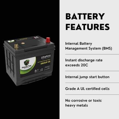 PowerTex 2014 Nissan 370Z Car Battery BCI Group 35 / Q85 Lithium LiFePO4 Automotive Battery - PTLG35-278