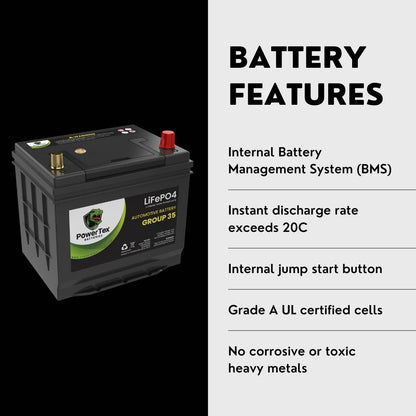 PowerTex 2019 Nissan Rogue Car Battery BCI Group 35 / Q85 Lithium LiFePO4 Automotive Battery - PTLG35-240