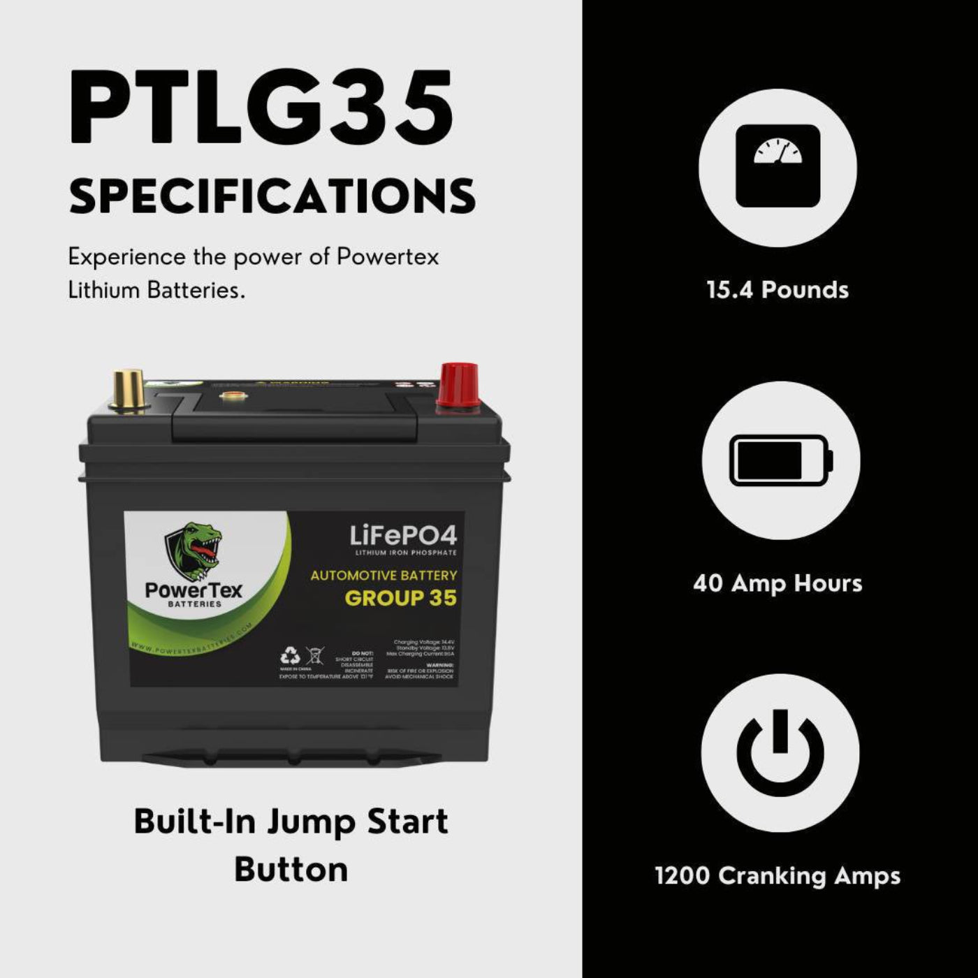 PowerTex 2018 Nissan Maxima Car Battery BCI Group 35 / Q85 Lithium LiFePO4 Automotive Battery - PTLG35-246