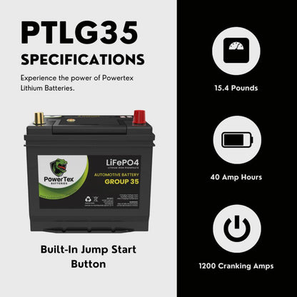 PowerTex 2016 Infiniti QX70 Car Battery BCI Group 35 / Q85 Lithium LiFePO4 Automotive Battery - PTLG35-40