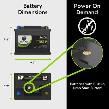 PowerTex 2022 Lexus RX450h V6 3.5LReplacement Car Battery BCI Group 47 Lithium LiFePO4 Automotive Powertex Battery - PTLG47-039