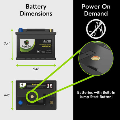 PowerTex 2022 Volkswagen Atlas V6 3.6LReplacement Car Battery BCI Group 47 Lithium LiFePO4 Automotive Powertex Battery - PTLG47-094