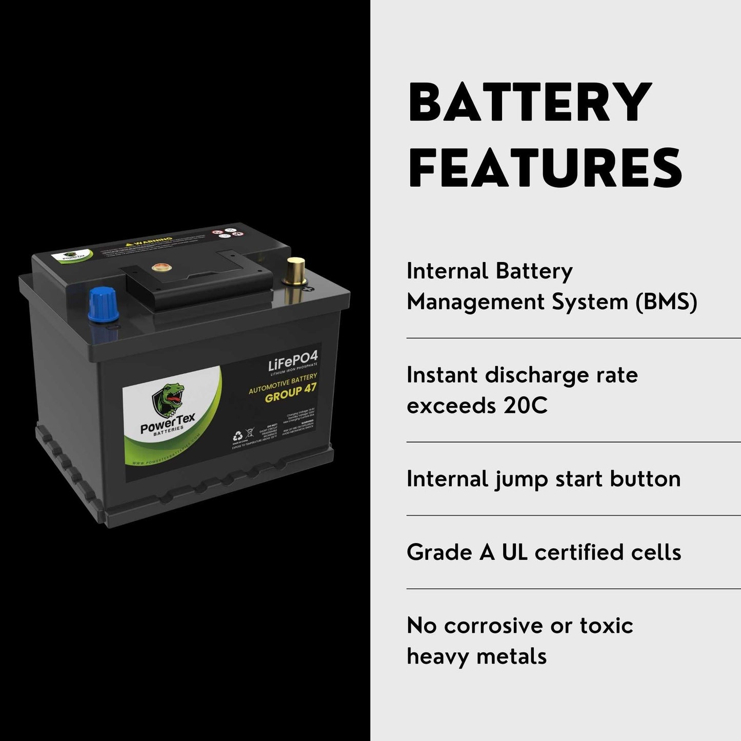 PowerTex 2011 Volkswagen GTI Car Battery BCI Group 47 H5 Lithium LiFePO4 Replacement Automotive Battery - PTLG47-605