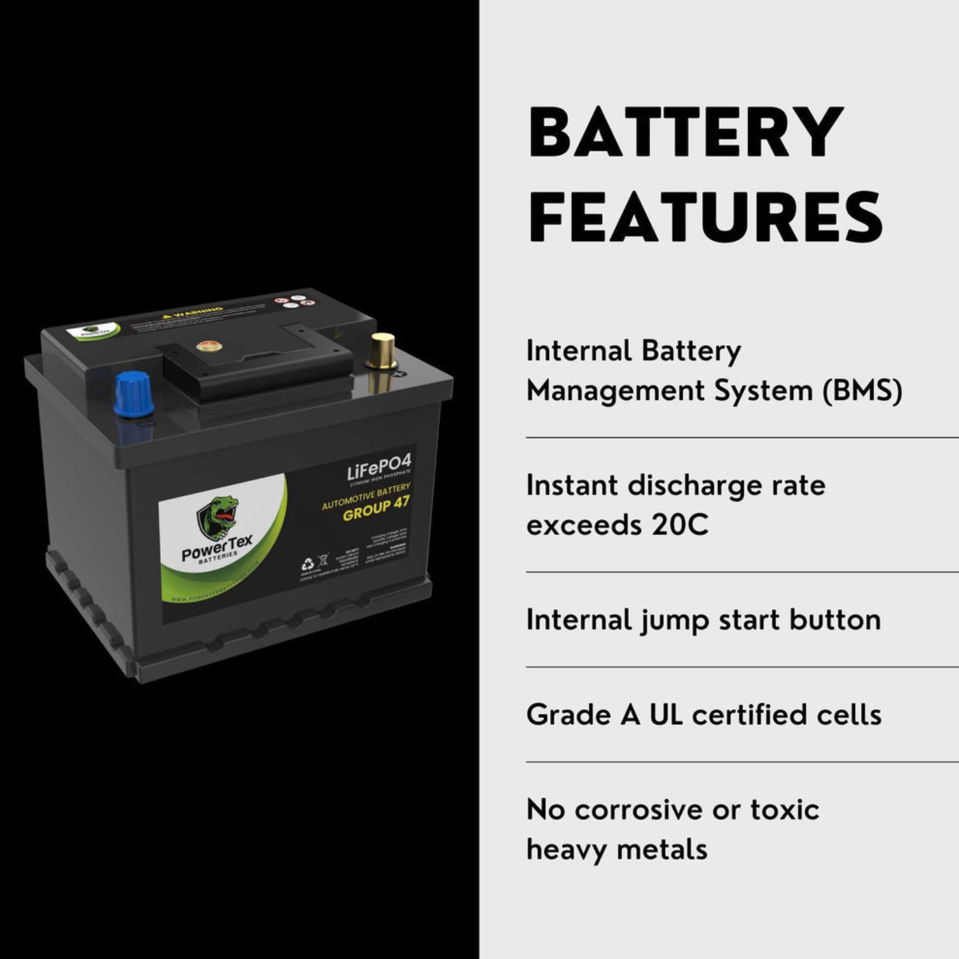 PowerTex 2022 Volkswagen Atlas L4 2.0LReplacement Car Battery BCI Group 47 Lithium LiFePO4 Automotive Powertex Battery - PTLG47-093