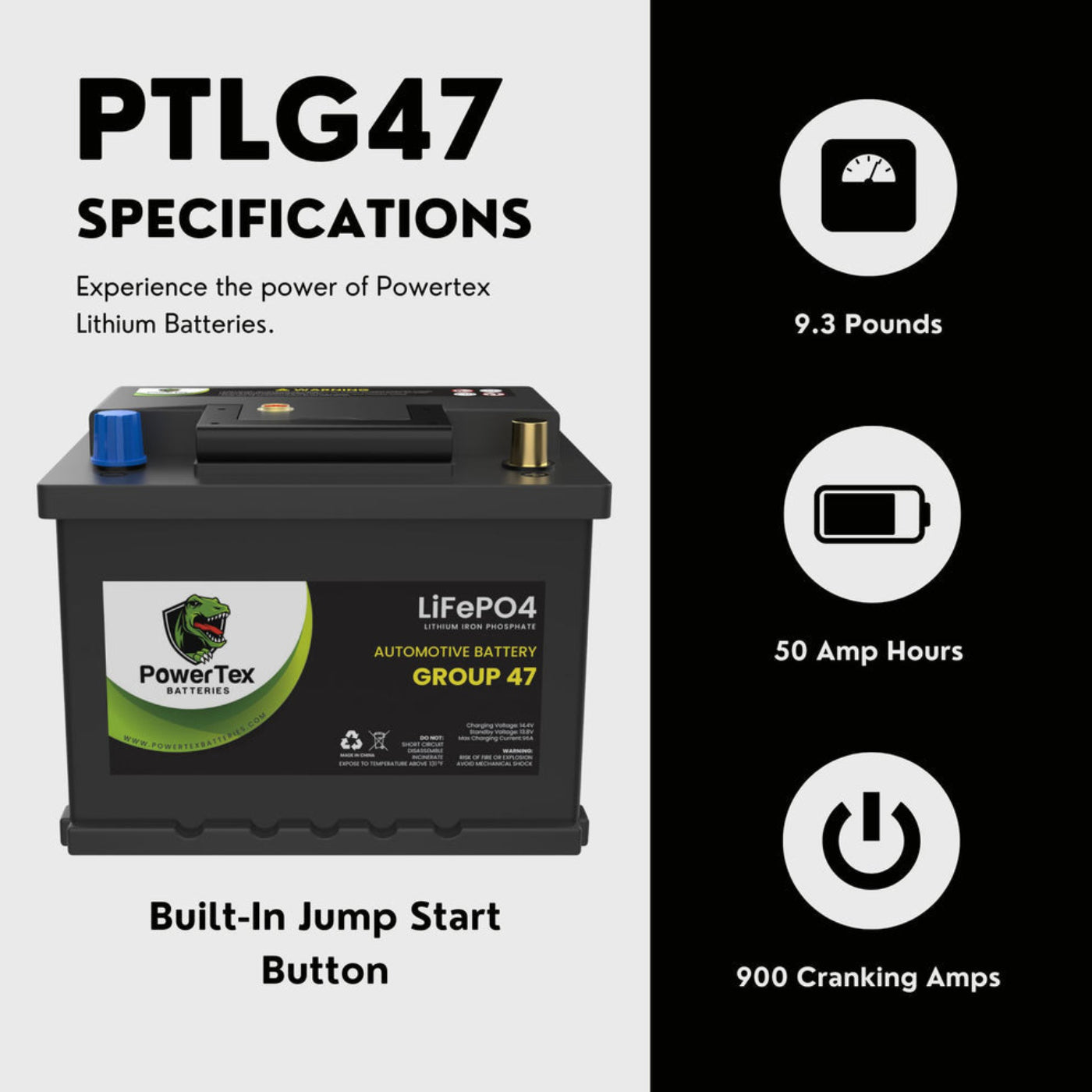 PowerTex 2022 Toyota Sienna L4 2.5LReplacement Car Battery BCI Group 47 Lithium LiFePO4 Automotive Powertex Battery - PTLG47-063