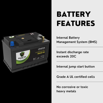 PowerTex 2024 Ford Expedition V6 3.5L Replacement Car Battery BCI Group 48 Lithium LiFePO4 Automotive Powertex Battery - PTLG48-0284