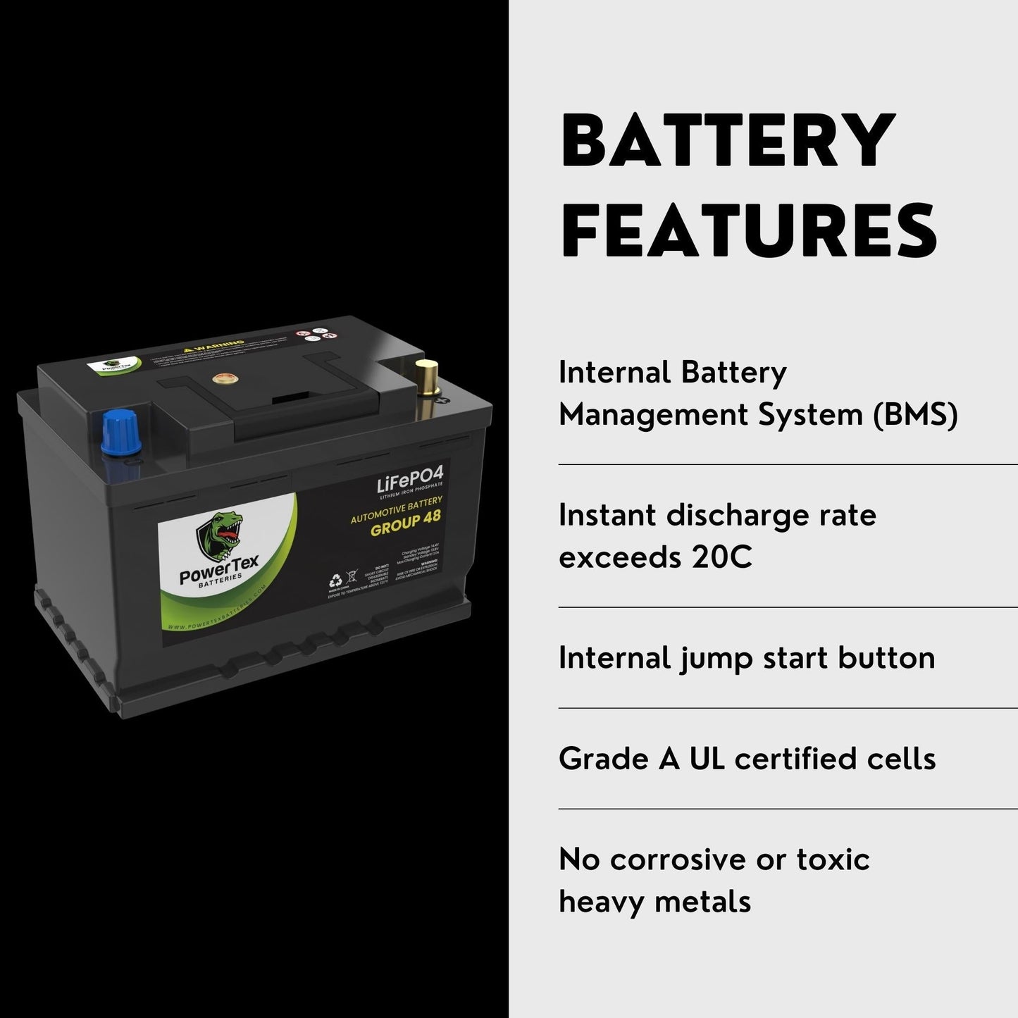 PowerTex 2010 Audi A5 Car Battery BCI Group 48 / H6 Lithium LiFePO4 Replacement Automotive Battery - PTLG48-270