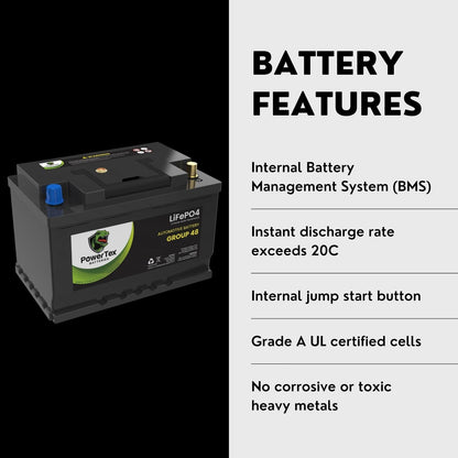 PowerTex 2022 Volkswagen Tiguan L4 2.0L Replacement Car Battery BCI Group 48 Lithium LiFePO4 Automotive Powertex Battery - PTLG48-0540