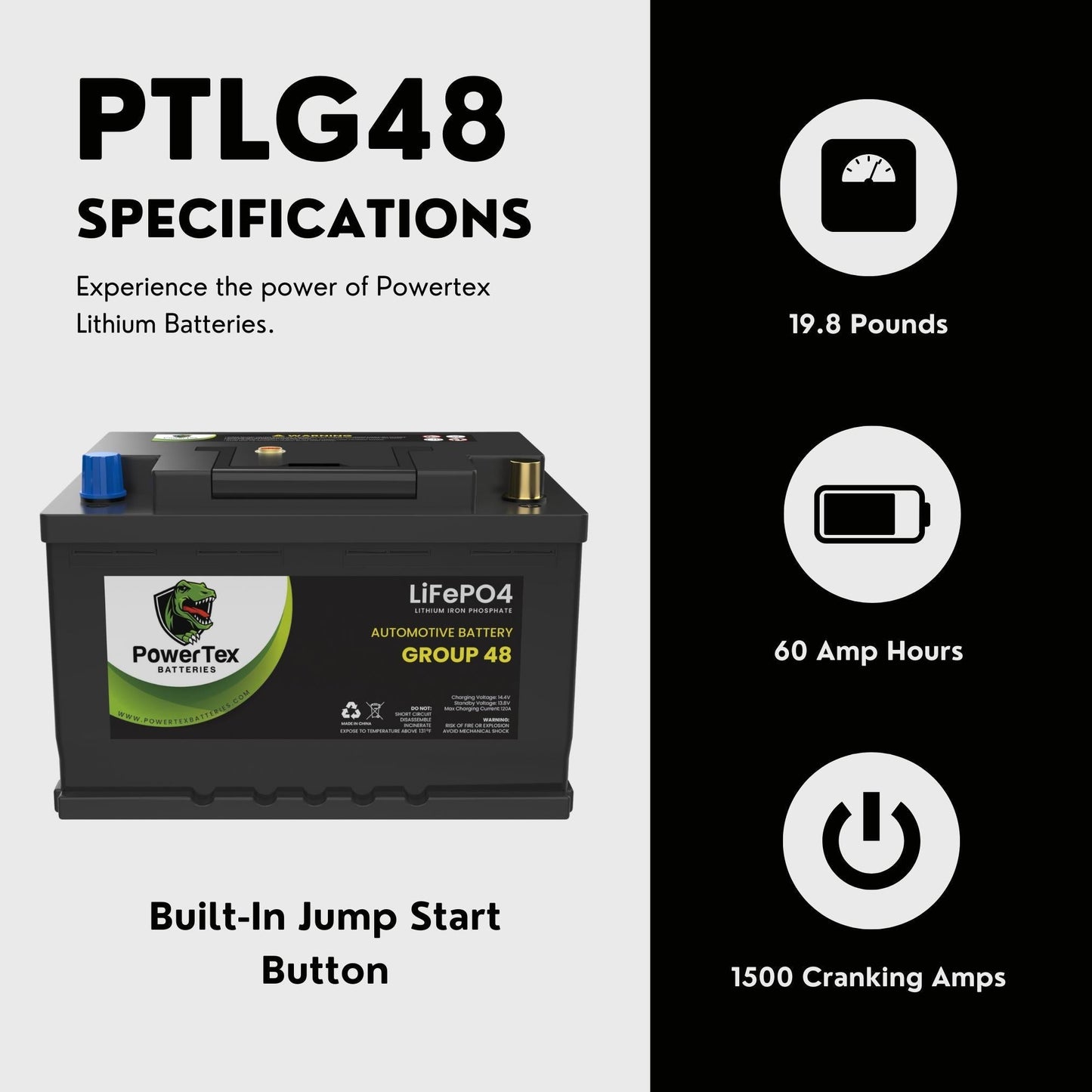 PowerTex 2018 Kia Stinger Car Battery BCI Group 48 / H6 Lithium LiFePO4 Replacement Automotive Battery - PTLG48-1104