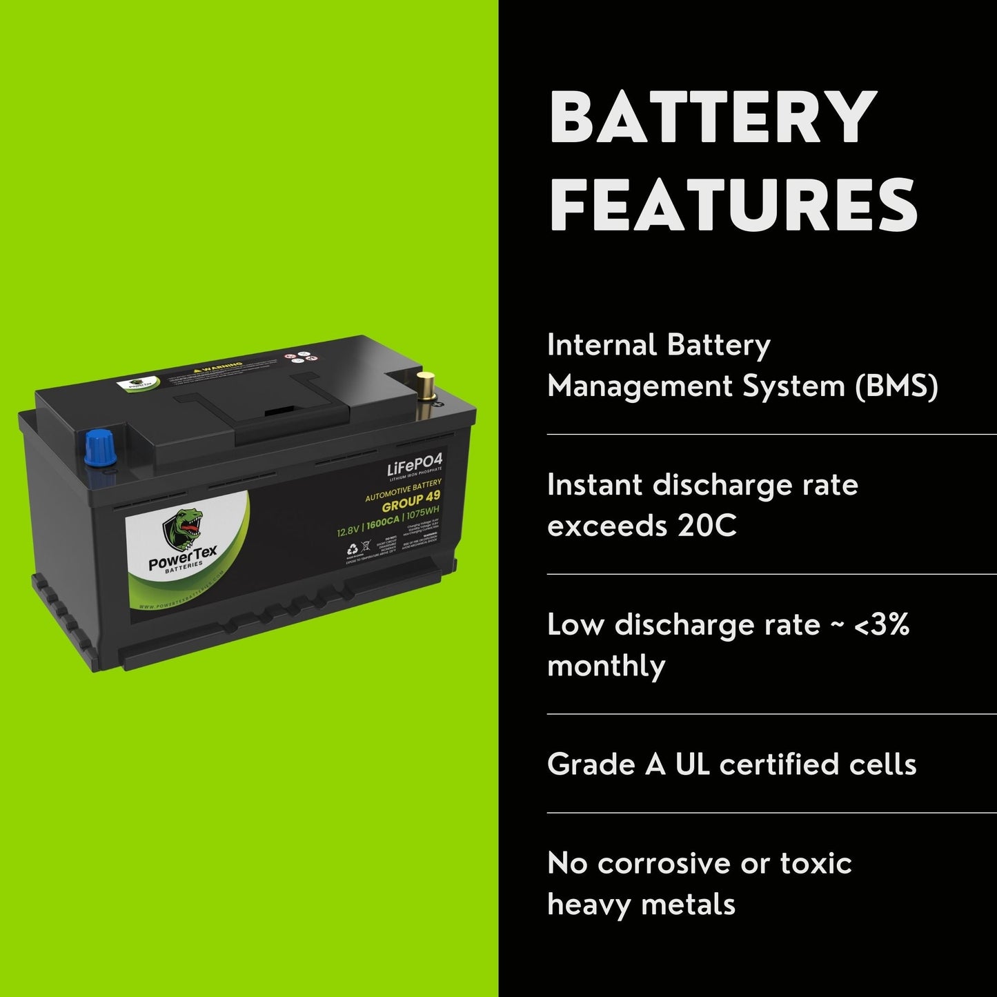 PowerTex 2012 Aston Martin V12 Vantage Car Batteries BCI Group 49 / H8 Lithium LiFePO4 Automotive Battery - PTLG49-29