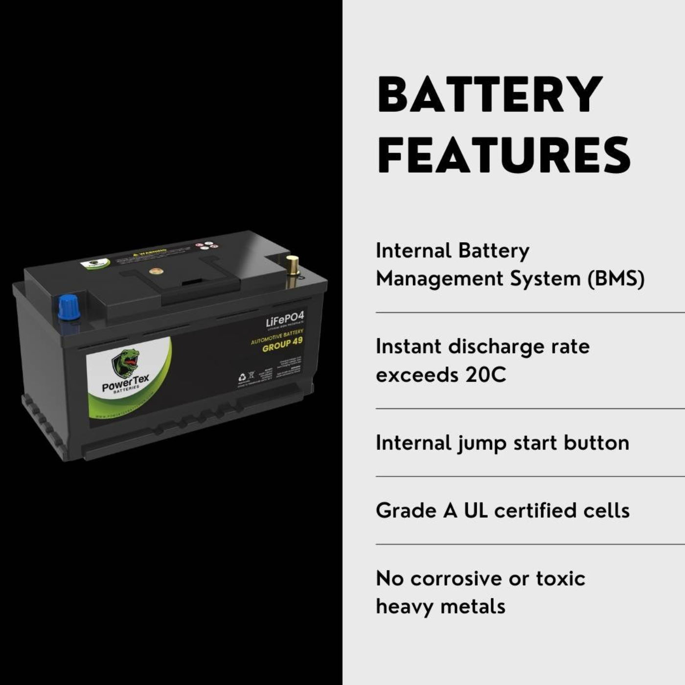 PowerTex 2015 BMW Alpina B7 xDrive Car Battery BCI Group 49 / H8 Replacement Lithium LiFePO4 Automotive Battery - PTLG49-574