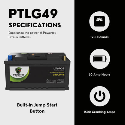 PowerTex 2008 BMW 750Li Car Battery BCI Group 49 / H8 Replacement Lithium LiFePO4 Automotive Battery - PTLG49-826