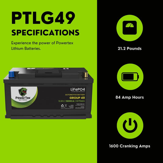 PowerTex 2017 Aston Martin DB11 Car Batteries BCI Group 49 / H8 Lithium LiFePO4 Automotive Battery - PTLG49-4