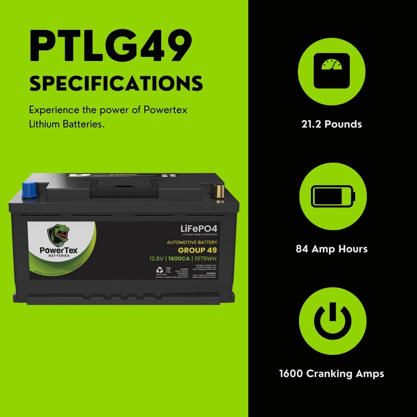 PowerTex 2014 Aston Martin Vanquish Car Batteries BCI Group 49 / H8 Lithium LiFePO4 Automotive Battery - - PTLG49-9