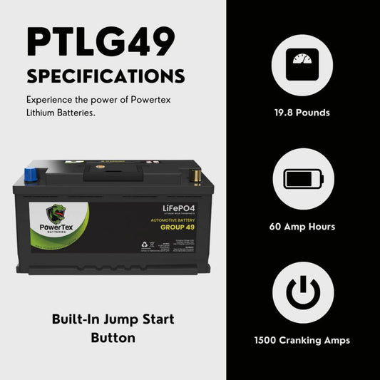PowerTex 2010 Aston Martin DB9 Car Battery BCI Group 49 / H8 Replacement Lithium LiFePO4 Automotive Battery - PTLG49-41