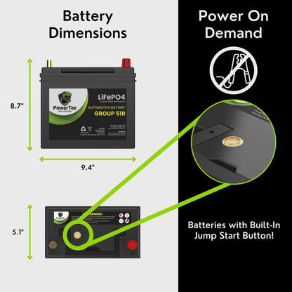 PowerTex 2021 Honda Clarity Car Battery BCI Group 51R Lithium LiFePO4 Replacement Automotive Battery - PTLG51R-31