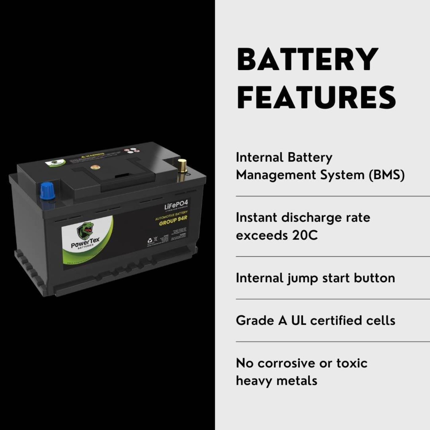 PowerTex 2010 Dodge Challenger Car Battery BCI Group 94R / H7 Lithium LiFePO4 Automotive Battery - PTLG94R-782