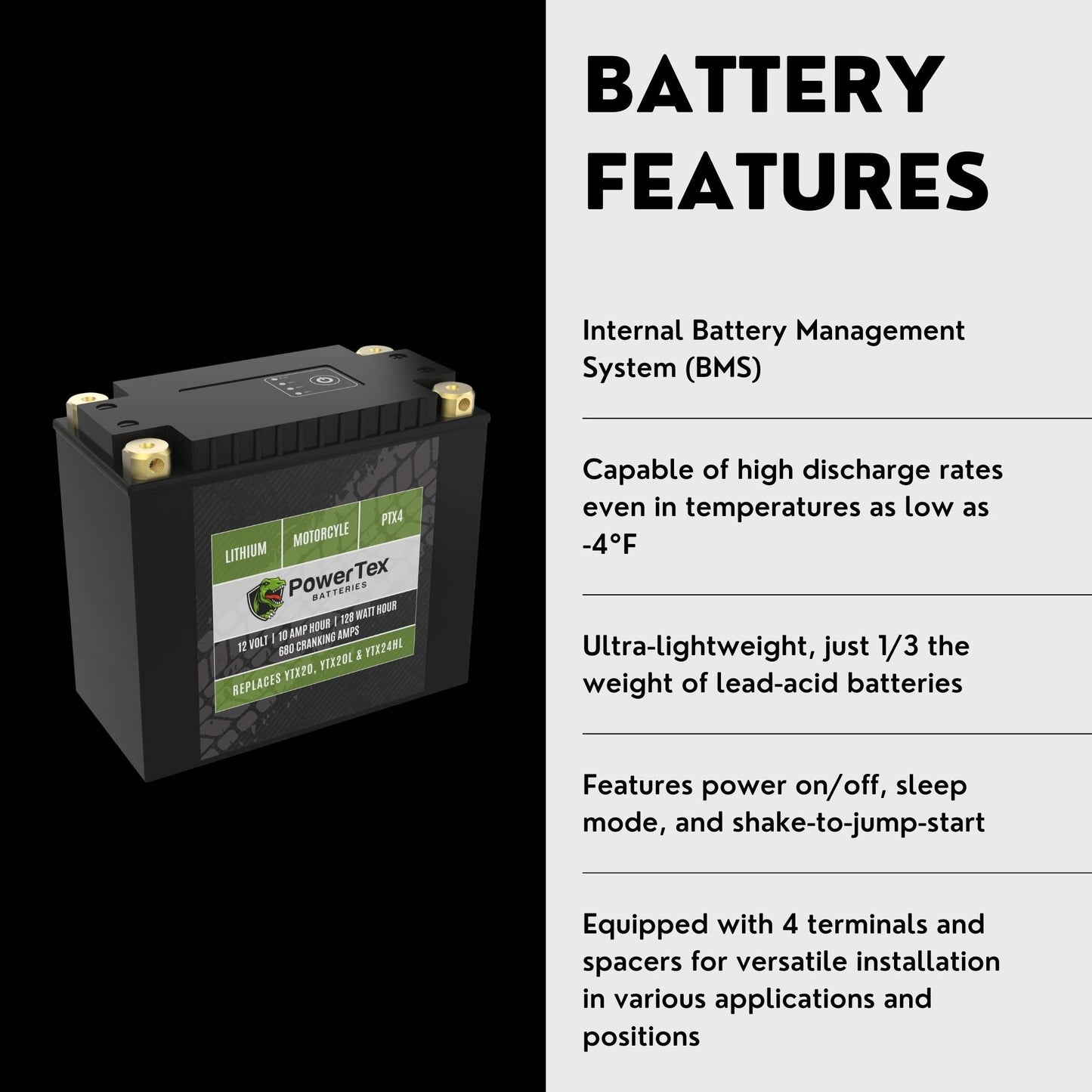 PowerTex Batteries YTX20L-BS LiFePO4 Lithium Iron Phosphate Motorcycle Battery