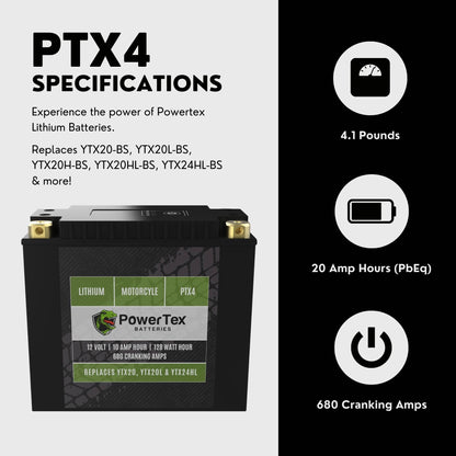 PowerTex Batteries YTX20L-BS LiFePO4 Lithium Iron Phosphate Motorcycle Battery
