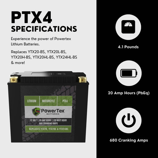 PowerTex Batteries YTX20L-BS LiFePO4 Lithium Iron Phosphate Motorcycle Battery