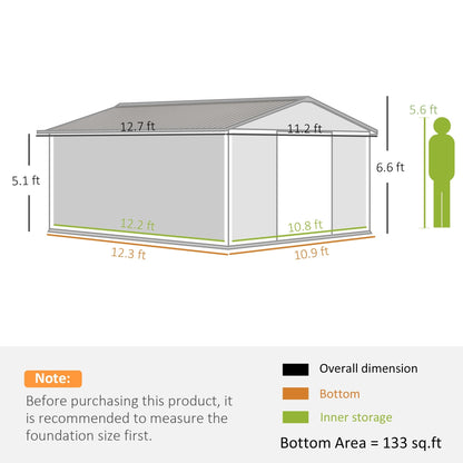 Outsunny EverBase 11' x 13' Outdoor Storage Shed with Double Lockable Door & Air Vents, Yellow - 845-031V01YL