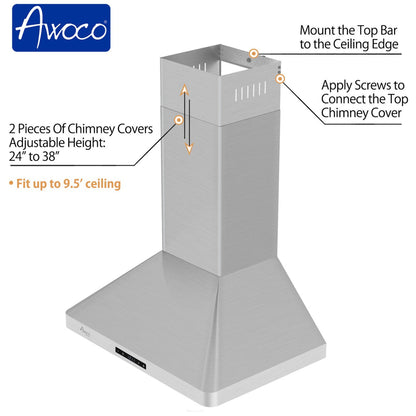 Awoco RH-WT-C Wall Mount Stainless Steel Range Hood, 3 Speeds, 1000CFM, 2 LED Lights, Remote Control, With 8” Blower Unit - RH-WT-C30+RH-SP08-BLW