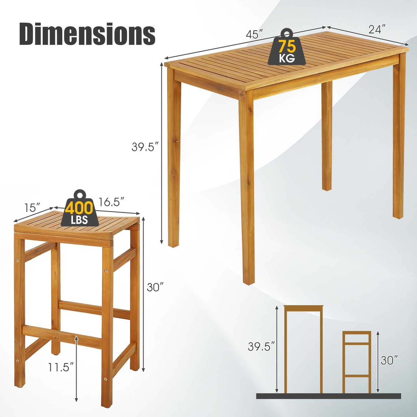 Tangkula 5 Piece Outdoor Acacia Wood Bar Table Set - HW71325+HW71326-4+HW71326-2 Price