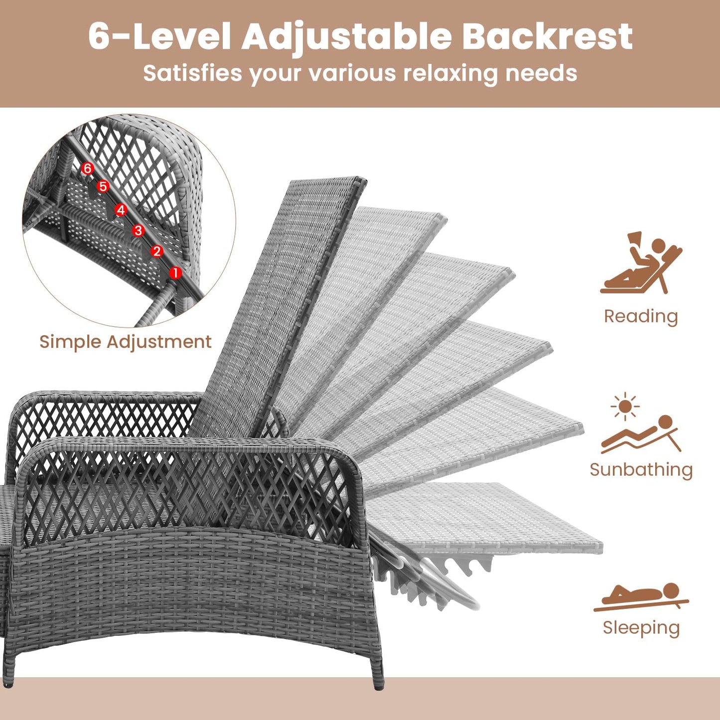 Tangkula Outdoor Chaise Lounge, Patio PE Recliner with 6-Level Backrest - HW71246