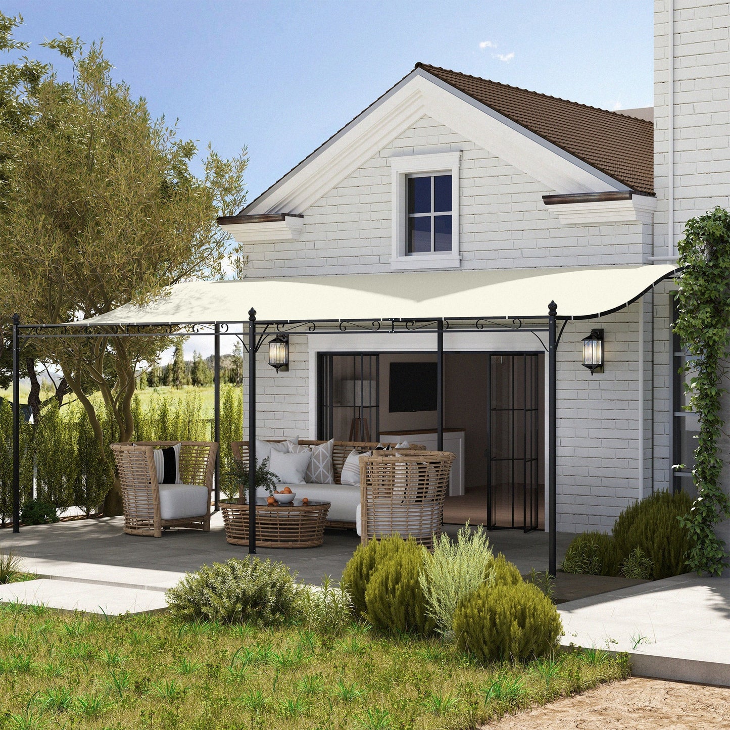 Outsunny 10' x 20' Wall-Mounted Metal Pergola Canopy with Drainage Holes in Cream White - 84C-582V01CW
