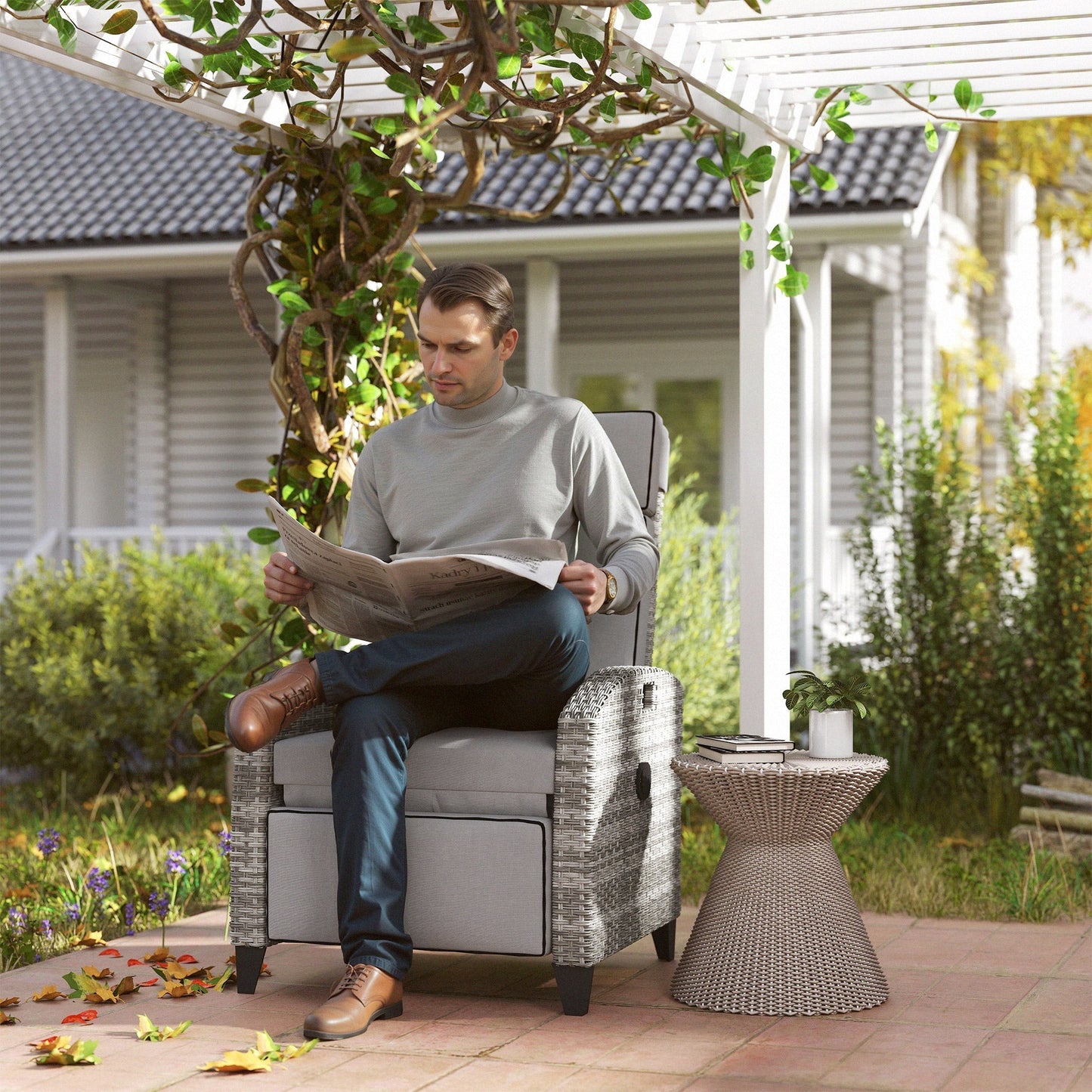 Outsunny Reclining Garden Chairs with Cushions, Adjustable Footrest, Side Tray Table, Gray - 867-189V01GY