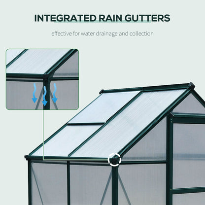Outsunny 6' x 4' Polycarbonate Greenhouse with Rain Gutter and Roof Vent for Outdoor Garden, Dark Green - 845-057