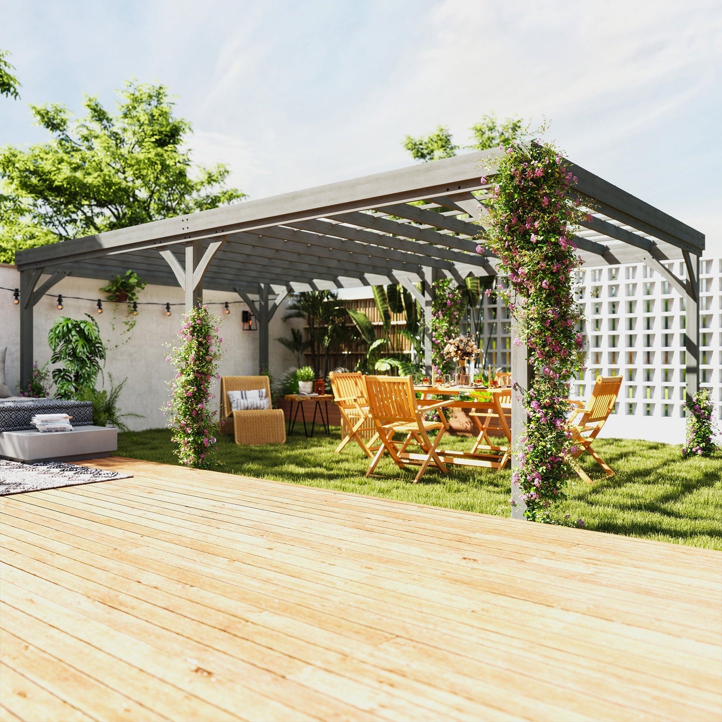12' x 20' Wooden Pergola with Grape Vine Design & Concrete Anchors, Gray