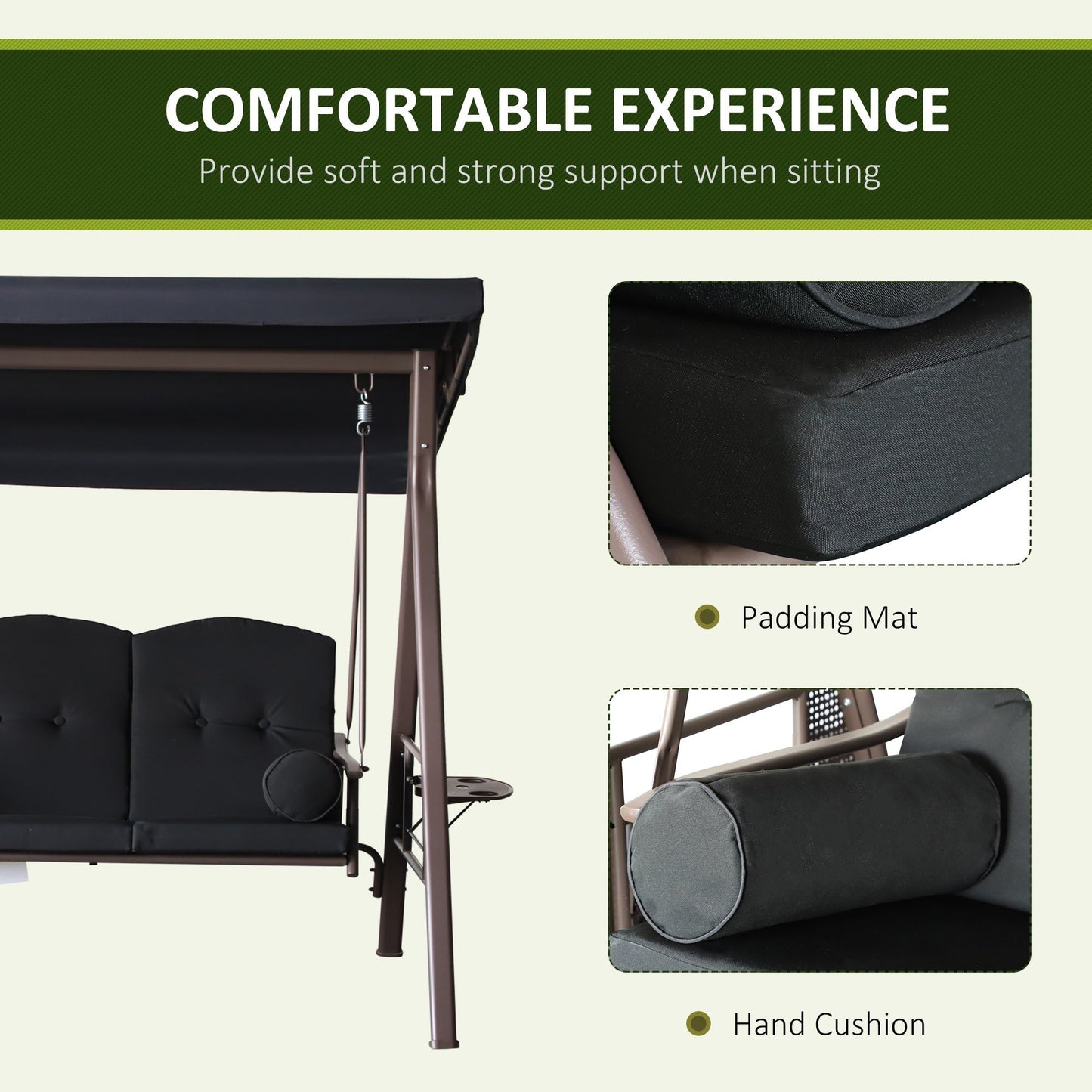 Outsunny 3-Seat Patio Swing Chair with Adjustable Canopy, Removable Cushion, Pillows & Trays, Black - 84A-068BK