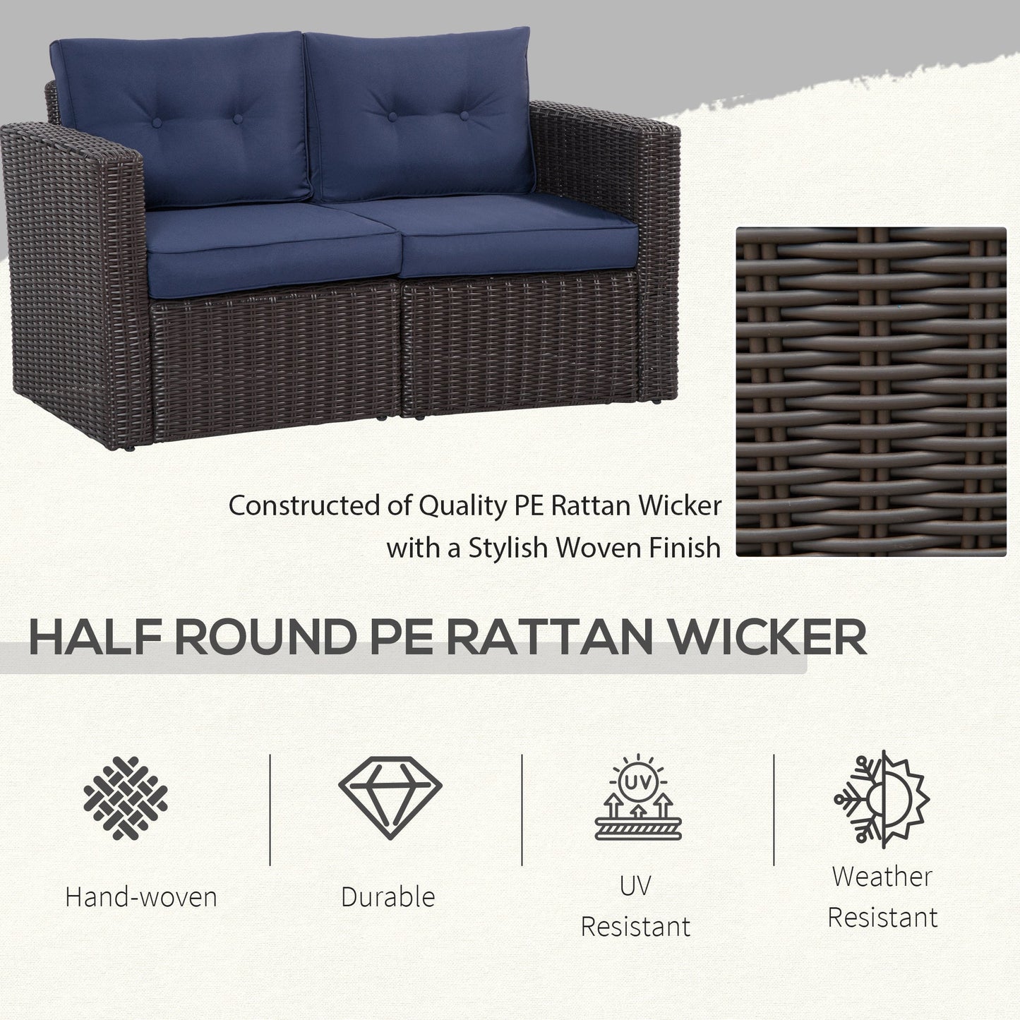 Outsunny 2-Piece Patio Corner Sofa Set with Curved Armrests &amp; Padded Cushions, Dark Blue - 860-204DB