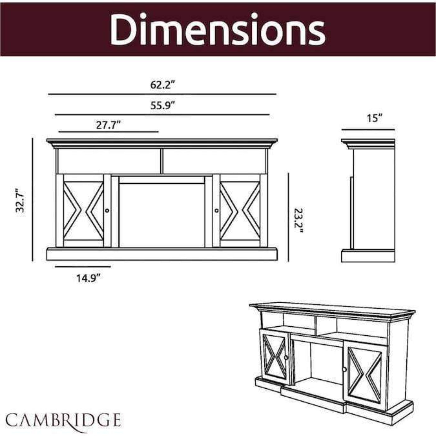 Cambridge 62-in. Summit Farmhouse Style Electric Fireplace Mantel with Deep Crystal Insert, Mahogany - CAM6215-1SNDCRS