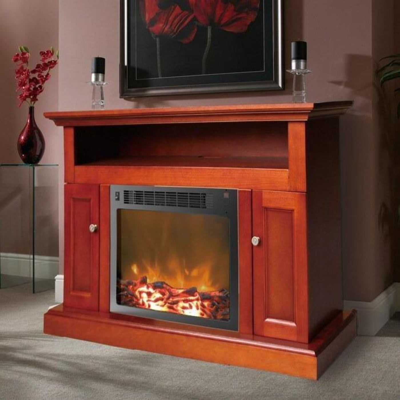 Cambridge Sorrento Electric Fireplace Heater with 47-In. Mahogany TV Stand, Enhanced Log Display, Multi-Color Flames and Remote Control - CAM5021-2CHRLG3