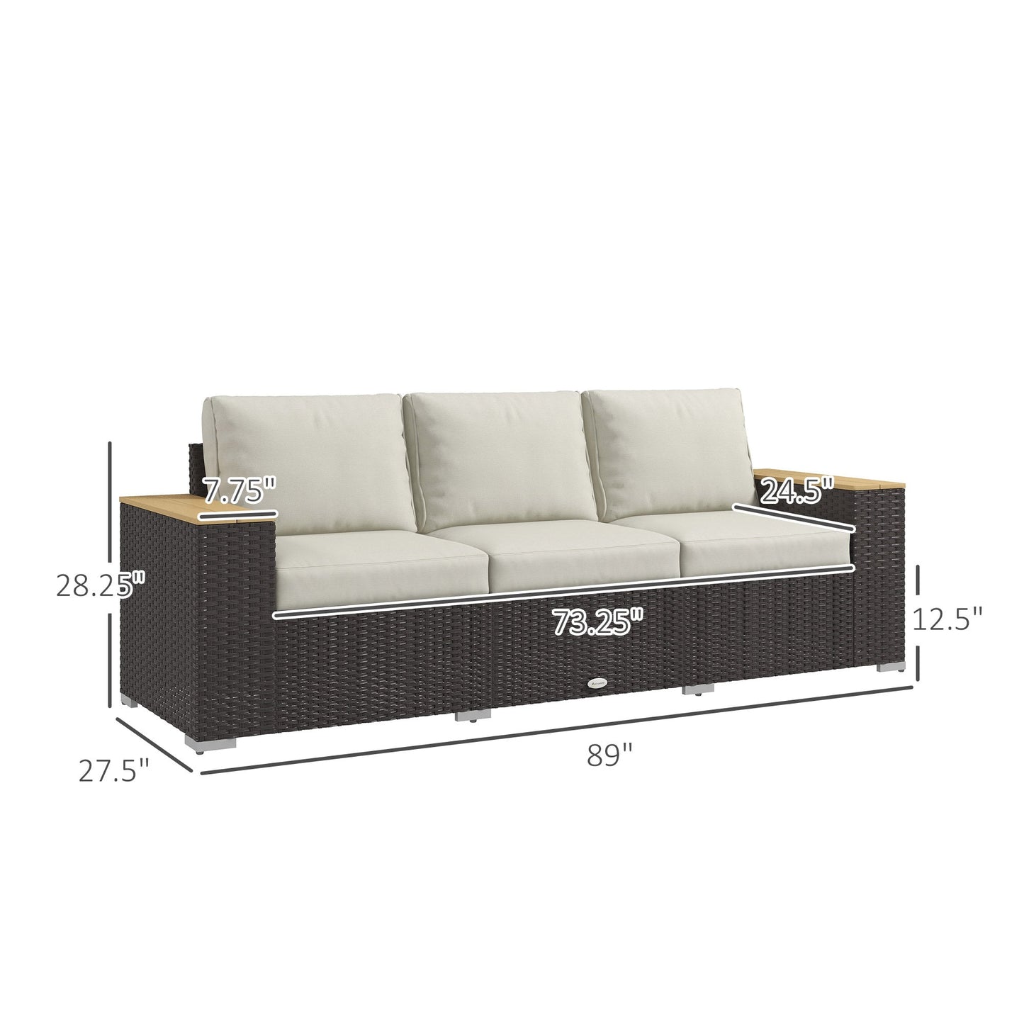 Outsunny 3-Seat Outdoor PE Wicker Sofa with Cushions, Wide Armrests, Beige - 860-304V00BN