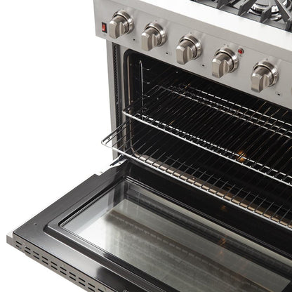 Forno 4-Piece Appliance Package - 36-Inch Gas Range, Refrigerator, 24-Inch Microwave Oven, & 3-Rack Dishwasher in Stainless Steel - AP4-6244-36-MWO