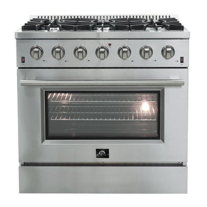 Forno 5-Piece Appliance Package - 36-Inch Gas Range, Refrigerator, Wall Mount Hood, 24-Inch Microwave Drawer, & 3-Rack Dishwasher in Stainless Steel - APR5-6244-36-H-MWD