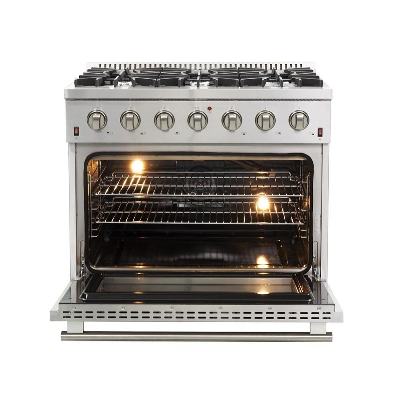 Forno 5-Piece Appliance Package - 36-Inch Gas Range, 60-Inch Pro-Style Refrigerator, Wall Mount Hood with Backsplash, 24-Inch Microwave Oven, & 3-Rack Dishwasher in Stainless Steel - AP5-60S-6244-36-MWO
