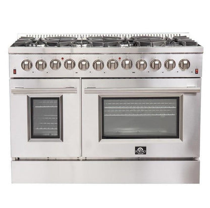 Forno 5-Piece Appliance Package - 48-Inch Dual Fuel Range, Refrigerator with Water Dispenser, Wall Mount Hood, 24-Inch Microwave Oven, & 3-Rack Dishwasher in Stainless Steel - APW5-6156-48-H-MWO