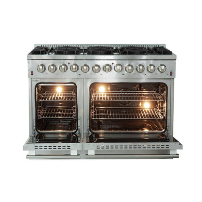 Forno 5-Piece Appliance Package - 48-Inch Dual Fuel Range, Refrigerator with Water Dispenser, Wall Mount Hood, 24-Inch Microwave Oven, & 3-Rack Dishwasher in Stainless Steel - APW5-6156-48-H-MWO