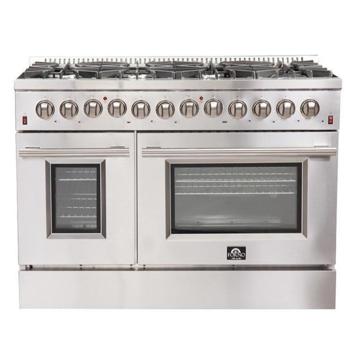 Forno 5-Piece Appliance Package - 48-Inch Dual Fuel Range, 60-Inch Pro-Style Refrigerator, Wall Mount Hood, 24-Inch Microwave Oven, & 3-Rack Dishwasher in Stainless Steel - APD5-6156-48-H-MWO