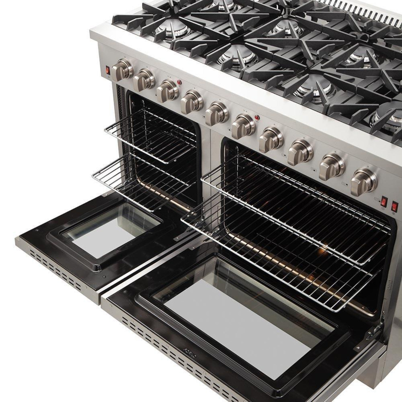 Forno 5-Piece Appliance Package - 48-Inch Gas Range, Refrigerator with Water Dispenser, Wall Mount Hood, 24-Inch Microwave Drawer, & 3-Rack Dishwasher in Stainless Steel - APW5-6244-48-H-MWD