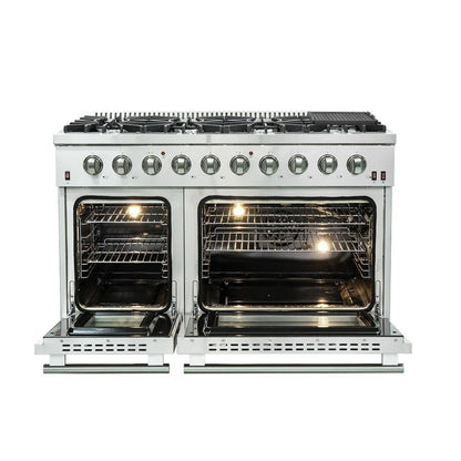 Forno 5-Piece Appliance Package - 48-Inch Gas Range, Refrigerator with Water Dispenser, Wall Mount Hood, 24-Inch Microwave Drawer, & 3-Rack Dishwasher in Stainless Steel - APW5-6244-48-H-MWD