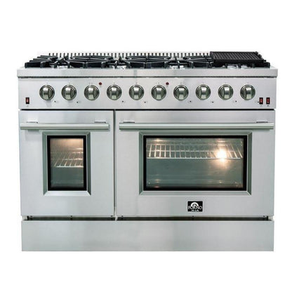 Forno 5-Piece Appliance Package - 48-Inch Gas Range, Refrigerator with Water Dispenser, Wall Mount Hood, 24-Inch Microwave Oven, & 3-Rack Dishwasher in Stainless Steel - APW5-6244-48-H-MWO